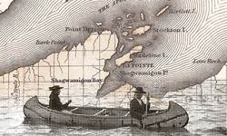 Island Hopper graphic of an old map of the Chequamegon Bay area and old school birk bark canoe.